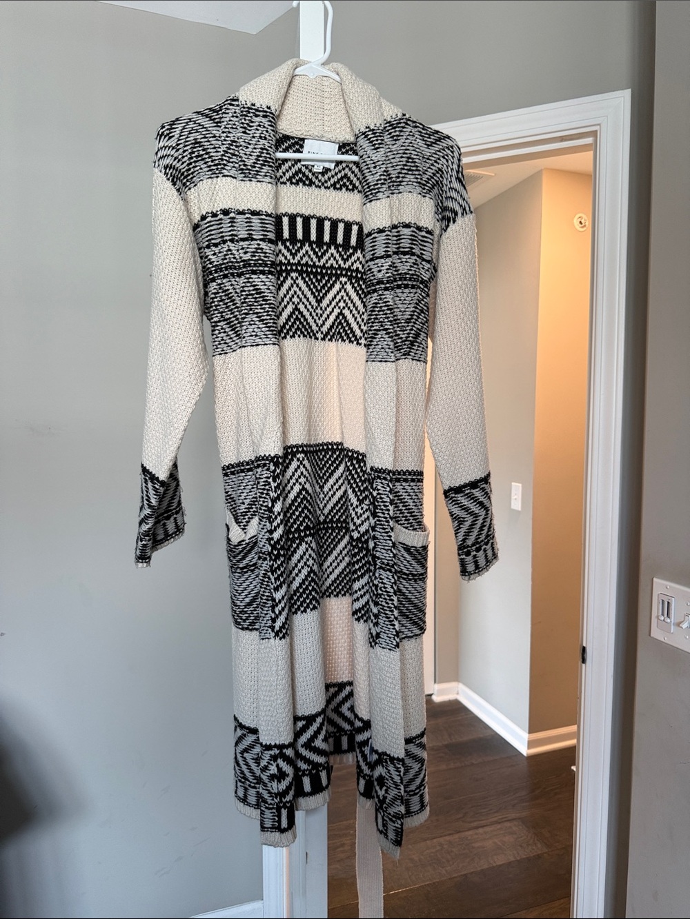 Pink Rose Cream and Black Patterned Open Cardigan Sweater